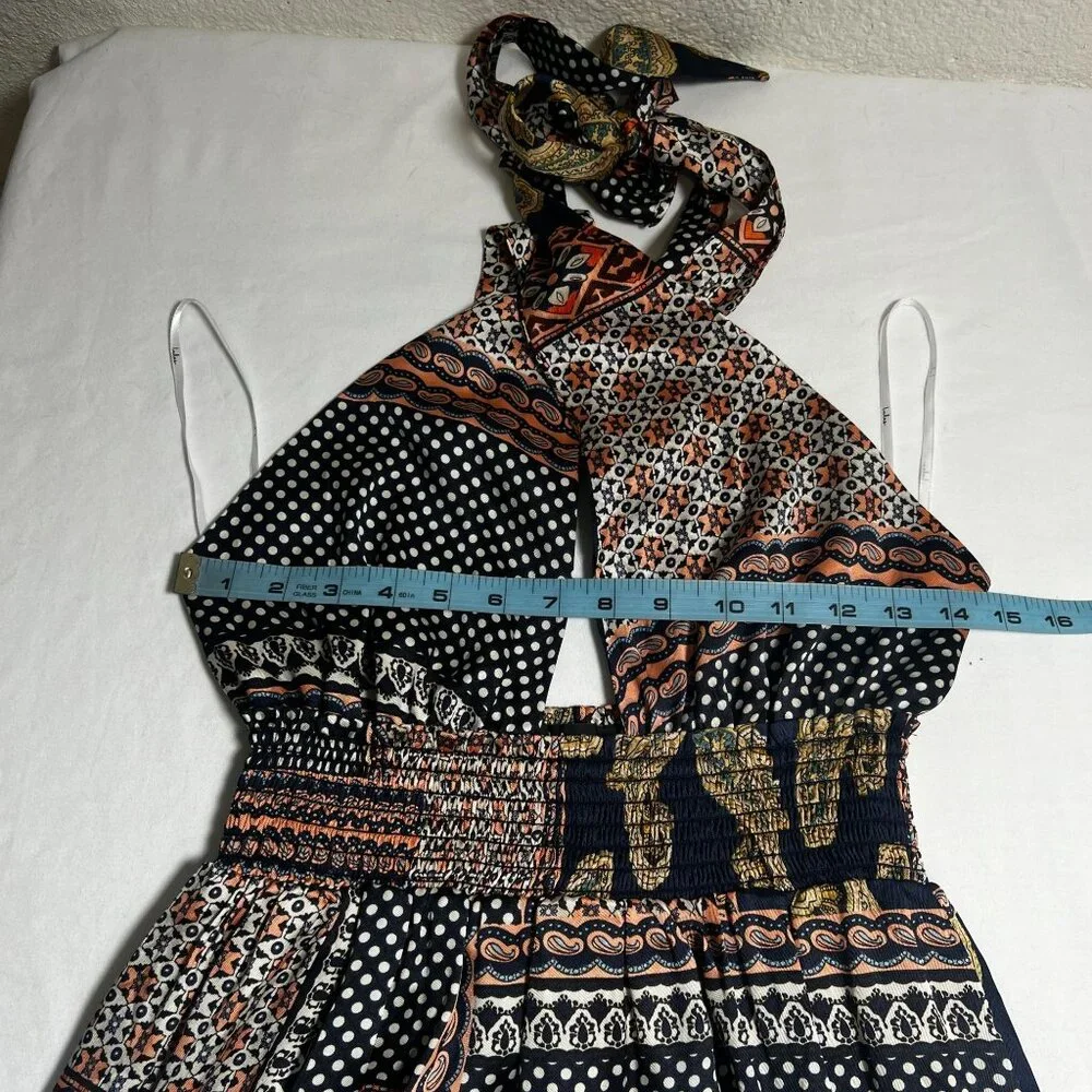 Lulus Trendy Travels Halter Maxi Dress Navy Blue Multi Patchwork Scarf Print S